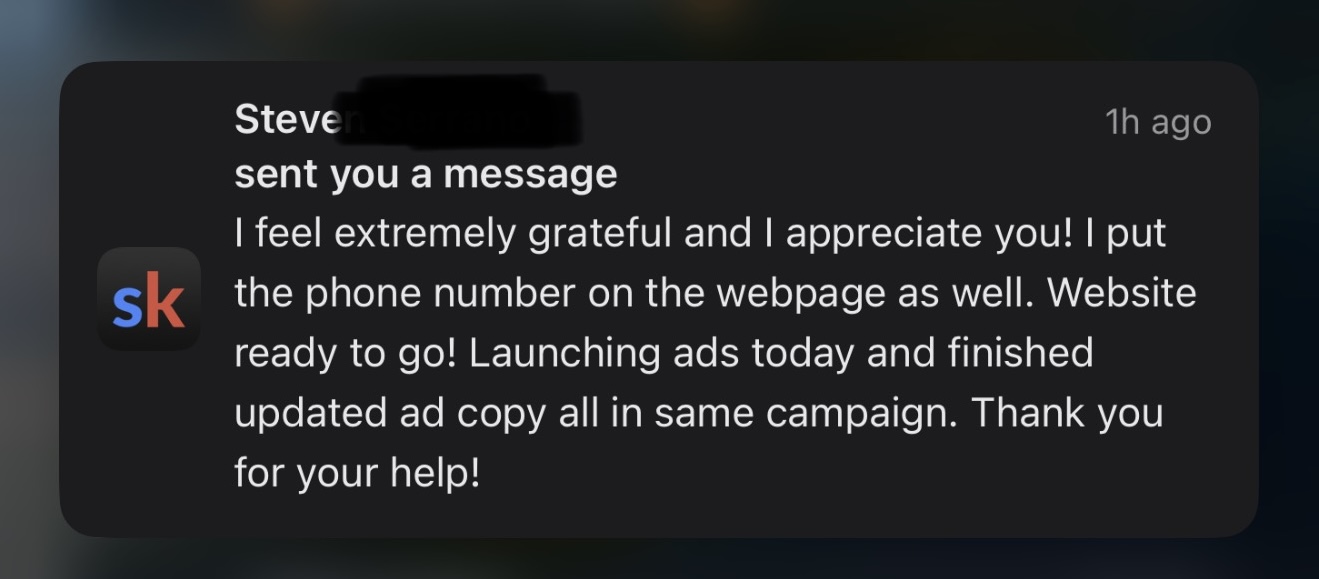 Student message: Launching ads today and finished updated ad copy. Thank you for your help