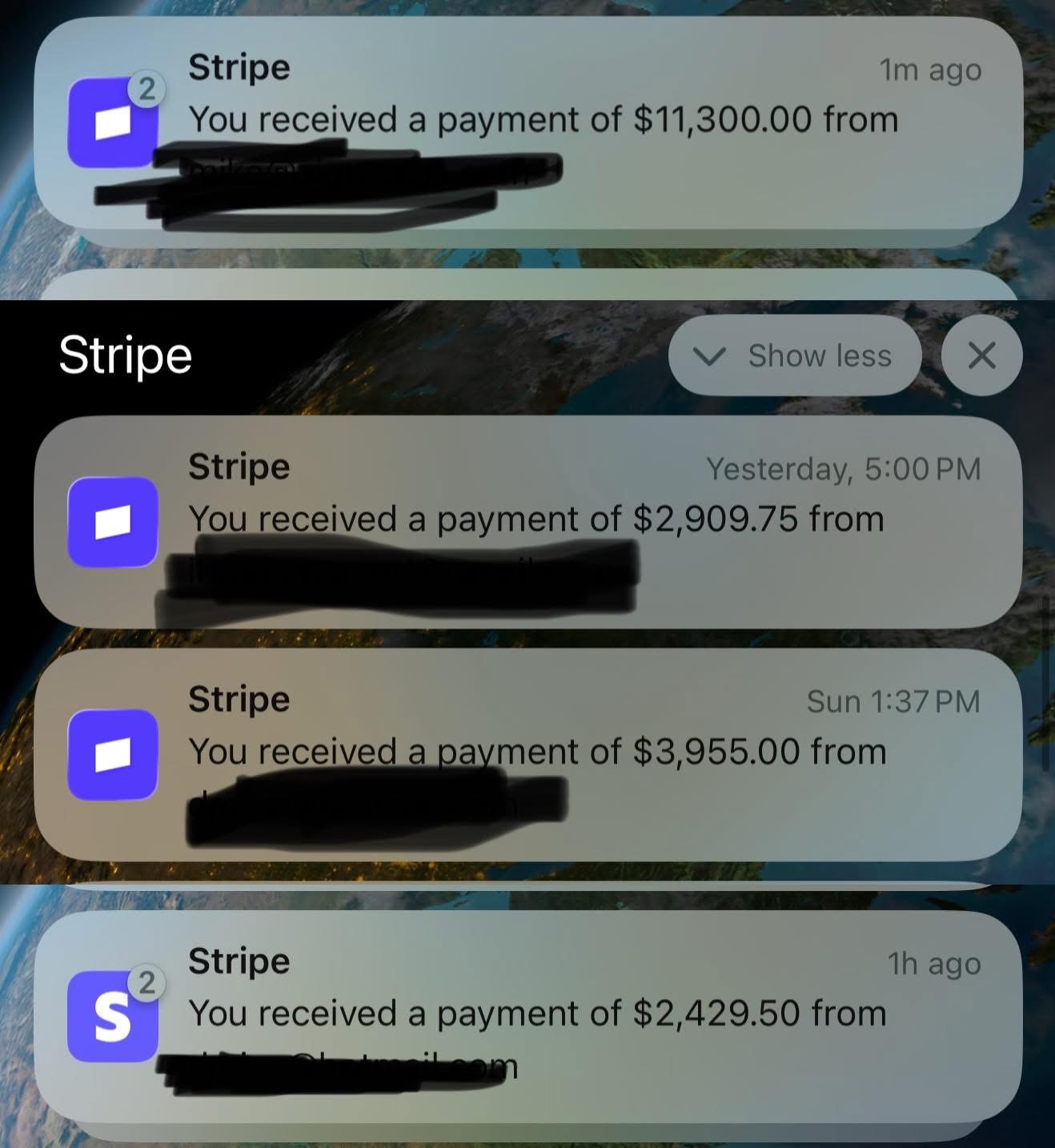 Stripe payment notifications showing $11,300, $2,909, $3,955, and $2,429 payments received